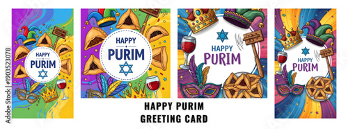 Happy Purim Greetings Featuring Hamantaschen, Crowns, Masks, and Graggers on Vibrant, Swirling Backgrounds
