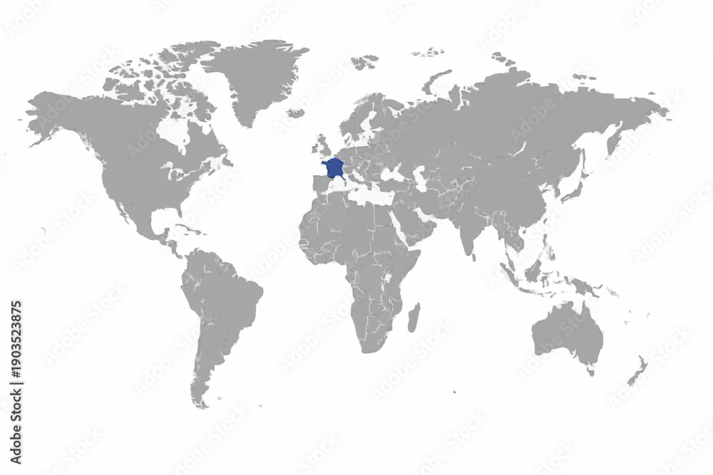Fototapeta premium Complete World Map Vector with France Highlighted in Blue.