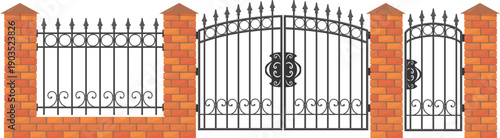 Stone fence with forged railing. Cartoon park gate