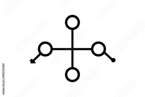 Abstract flowchart symbol with circles and arrows representing connectivity and technical logical network system