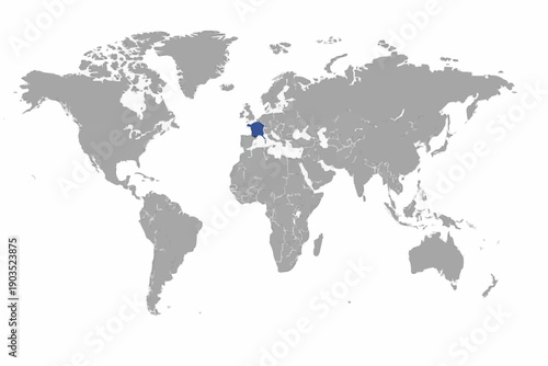 Complete World Map Vector with France Highlighted in Blue.