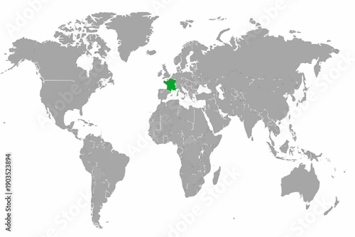 Complete World Map Vector with France Highlighted in Blue.