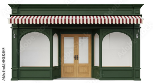 Photography Green storefront with striped awning isolated PNG, shop facade with wooden door