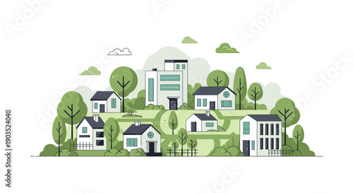 Vibrant Eco-Friendly Village with Modern Houses and Lush Green Trees