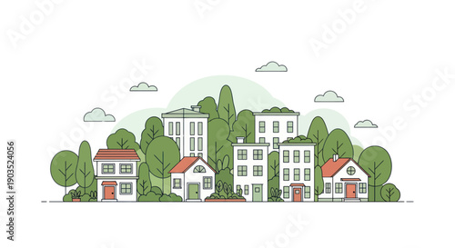 Charming Neighborhood: Diverse Houses Surrounded by Lush Green Trees and Hills