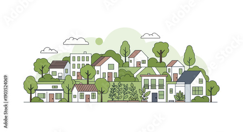 Charming illustration of a modern suburban village with trees and greenery on a white background.