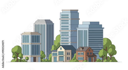 Modern Cityscape Illustration: Diverse Buildings, Houses, and Greenery