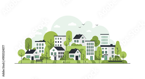 Modern Eco-Friendly Cityscape with Green Buildings and Trees