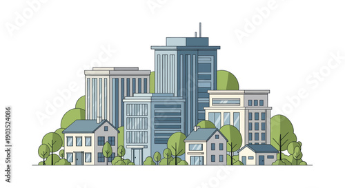 Modern Cityscape with Diverse Buildings and Lush Greenery