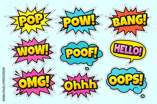 Comic Pop Art Speech Bubble Sticker Set with Expressive Onomatopoeia and Sound Effects
