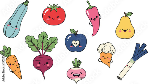 Cute kawaii fruit and vegetable character illustration set with smiling cartoon food icons for kids healthy nutrition design