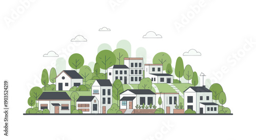 Modern Eco-Friendly Townscape with Green Trees and Buildings on Hills