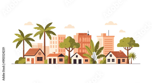 Vibrant Cityscape with Houses, Palm Trees, and Greenery