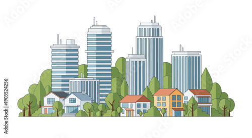 Modern Cityscape with Skyscrapers and Houses, Green Trees, Flat Design Illustration
