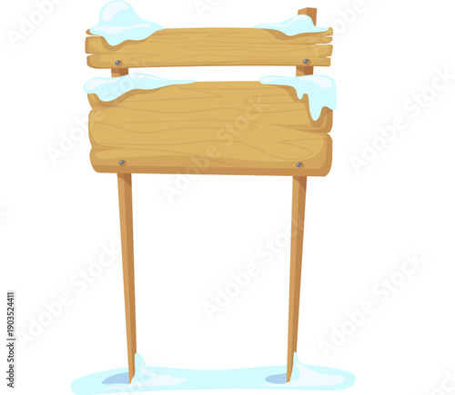 Wooden signboard covered in snow. Winter card template