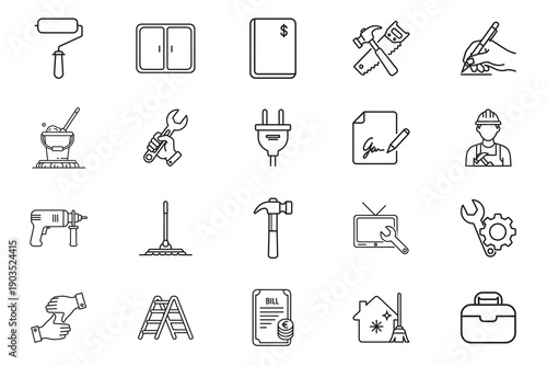 Handyman web icons line art Icon Set. Maintenance, plumbing, electrical, consultation, cleaning, installation , repair, collection. Vector illustration