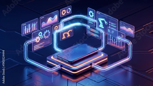 Wallpaper Mural Futuristic smartphone data analytics automation artificial intelligence cloud connection neon hologram interface digital visualization mobile technology cyber network glow app screen device Torontodigital.ca