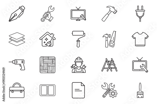 Handyman web icons line art Icon Set. Hammer, saw, floor cleaning, step ladder, TV maintenance, electric drill, cleaning house collection. Vector illustration