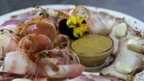 Meat, lard, sliced, mustard, garnished with edible flowers on a plate in a restaurant serving