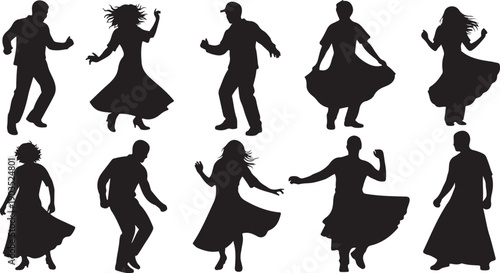 Silhouettes of people dancing in various poses and styles freely