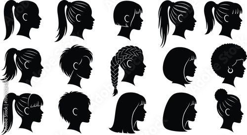 Head profile silhouette icon set, sixteen hairstyles including ponytails braids buns afros cornrows and straight cuts, black vector illustration, fashion and diversity theme, isolated background