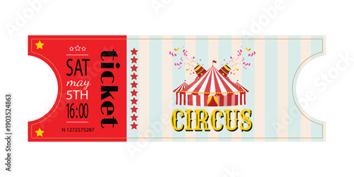 Colorful circus admit one ticket template featuring bold red panel