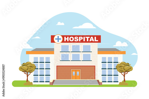 Contemporary medical center exterior illustration showing urban hospital facade