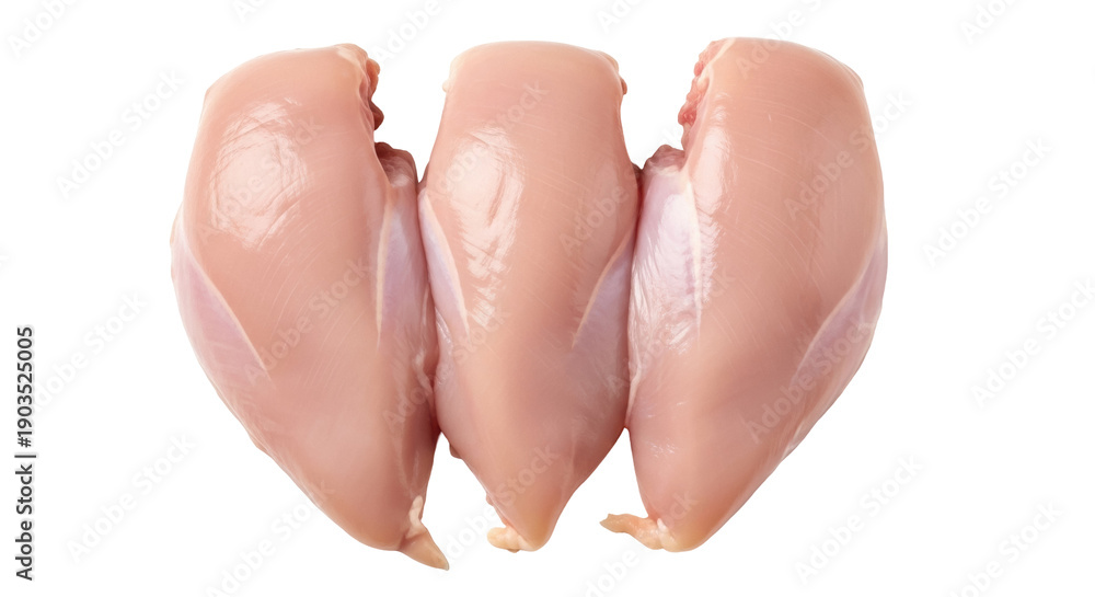 Fototapeta premium Three raw chicken breasts isolated PNG on transparent background, uncooked poultry meat for healthy eating and cooking