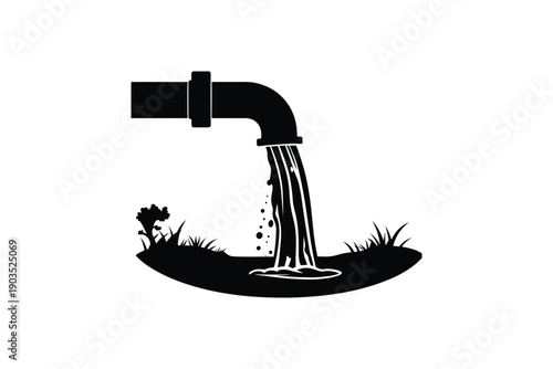 Water pipe icon with liquid flowing out into a natural environment with plants and ground