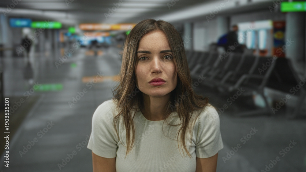 Φωτογραφία Woman sits upright and leans forward under overhead lights, bare face and serious gaze in airport terminal; anticipation