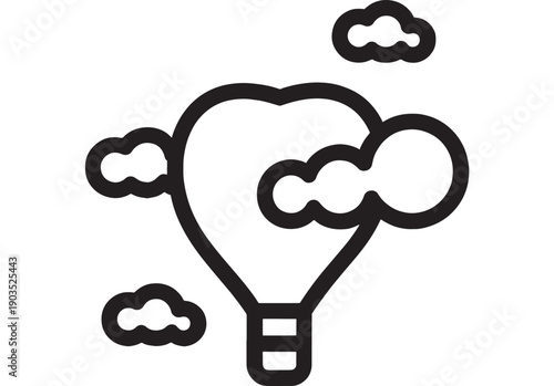 Hot air balloon line icon with clouds, minimal black outline vector symbol for travel, adventure, aviation, tourism logo, app UI, web design, and signage