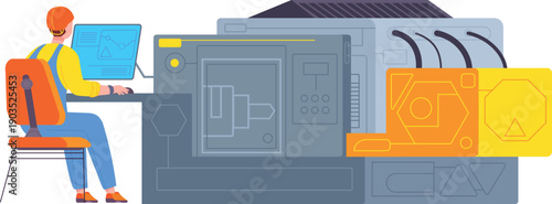 Factory technician work on computer manufacture machine system
