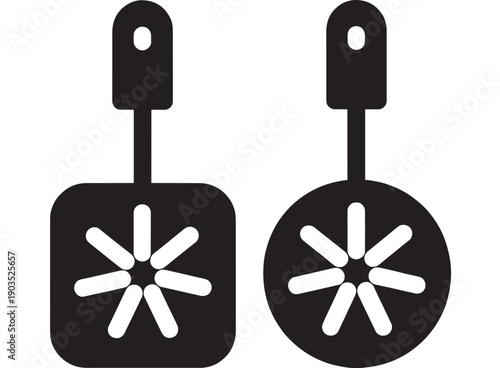 Spatulas kitchen utensil icon set with square and round heads, hanging handles and starburst slots, minimal black silhouette symbols for cooking tools and UI