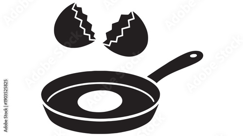 Frying pan icon with cracked egg shells above, simple black silhouette cooking symbol for kitchen, breakfast, food preparation, restaurant menu and recipe app design
