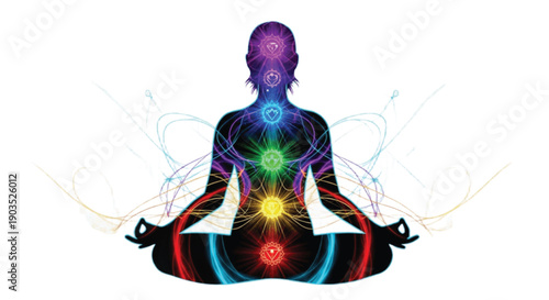 Vector illustration of a black silhouette woman sitting in a spiritual lotus yoga pose on an abstract background for zen meditation and health