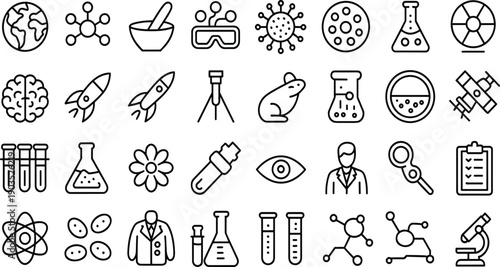 Science and laboratory outline icon set vector with chemistry, biology, research, medical, and education symbols for web interface, app UI, and infographic design