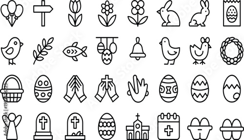 Easter and spring celebration line icon set vector with bunny, egg, flower, cross, basket, chick, and religious symbols for holiday design