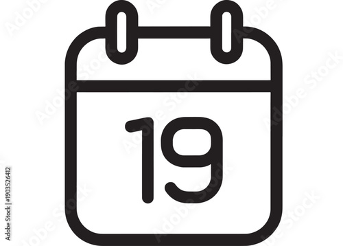 Calendar date icon with number 19 in bold outline, minimalist black and white schedule symbol for planner, reminder, event booking, deadline and appointment UI design
