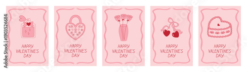 Happy Valentine's Day! Vector cards in line art style. Romantic frame with ribbon and hand-drawn illustrations.