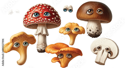 A vibrant cartoon illustration of a set of mushrooms and fungi featuring red amanita toadstools and edible vegetables isolated on green grass in an autumn forest nature vector art pattern
