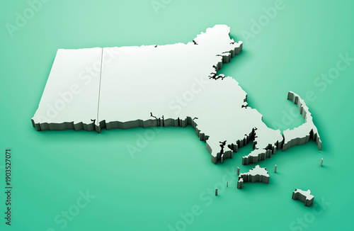 Elevated 3D Terrain Model of Massachusetts State with Subtle City Markers and Atlantic Coastline
