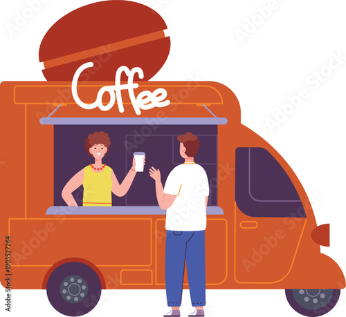 Coffee street truck cartoon icon. Man buy drink