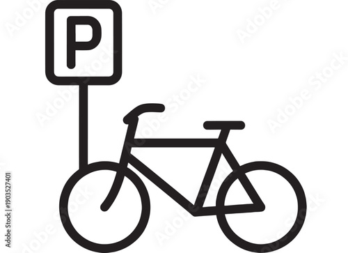 Bicycle parking sign icon with bike silhouette and letter P on post, black outline pictogram for cycling parking area, urban transport navigation symbol isolated on white