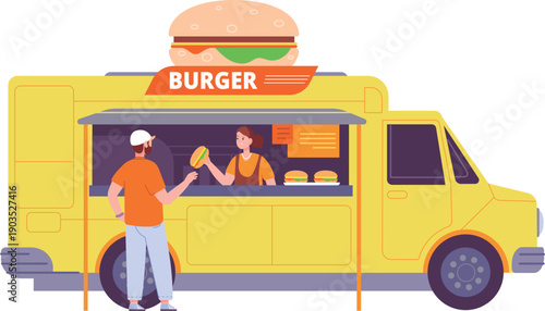 Burger truck cartoon icon. People eat street food