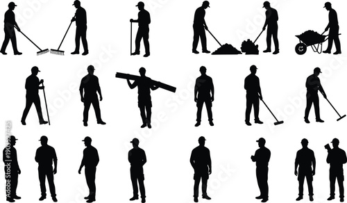Silhouette of construction workers using tools, working on site, raking, carrying, standing, holding objects, black isolated labor worker icons
