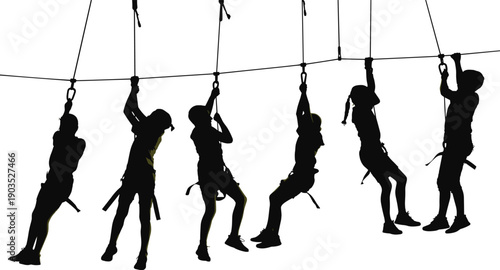 Silhouette of children and teenagers on an outdoor adventure zip line course with safety harnesses and ropes, isolated on white