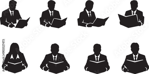 Business professionals reading documents in formal attire silhouettes
