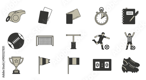 Set of flat design soccer and football game icons including ball, goal, whistle, and score board in bright studio.
