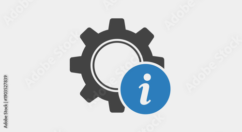 Gear cogwheel and information sign icon representing settings or support on a light grey studio background.