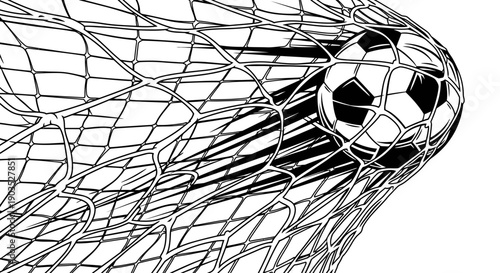 Detailed black and white soccer football ball hitting goal net with dynamic impact, isolated white background.